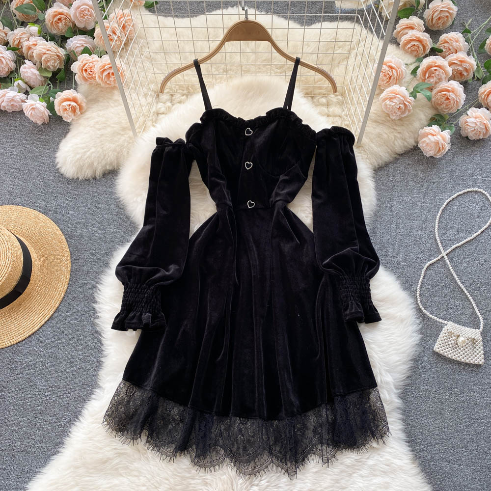 Fiery Romantic Goth Black Lace Velvet Dress