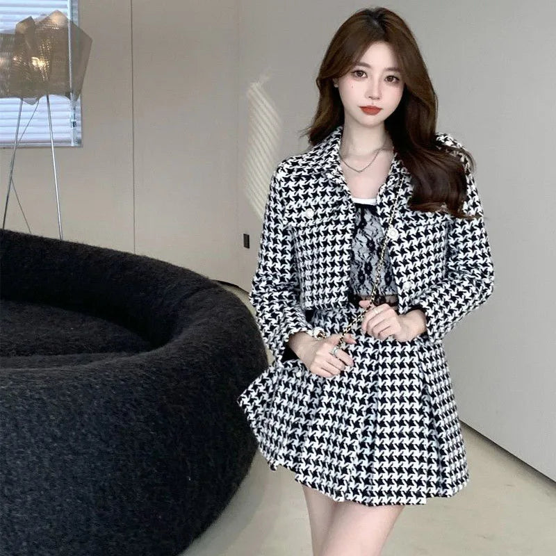 warmmeta -Small Fragrance Style Elegant Tweed 2 Piece Set Women Vintage Houndstooth Cropped Jacket + Pleated Mini Skirt Suits Sexy Outfits