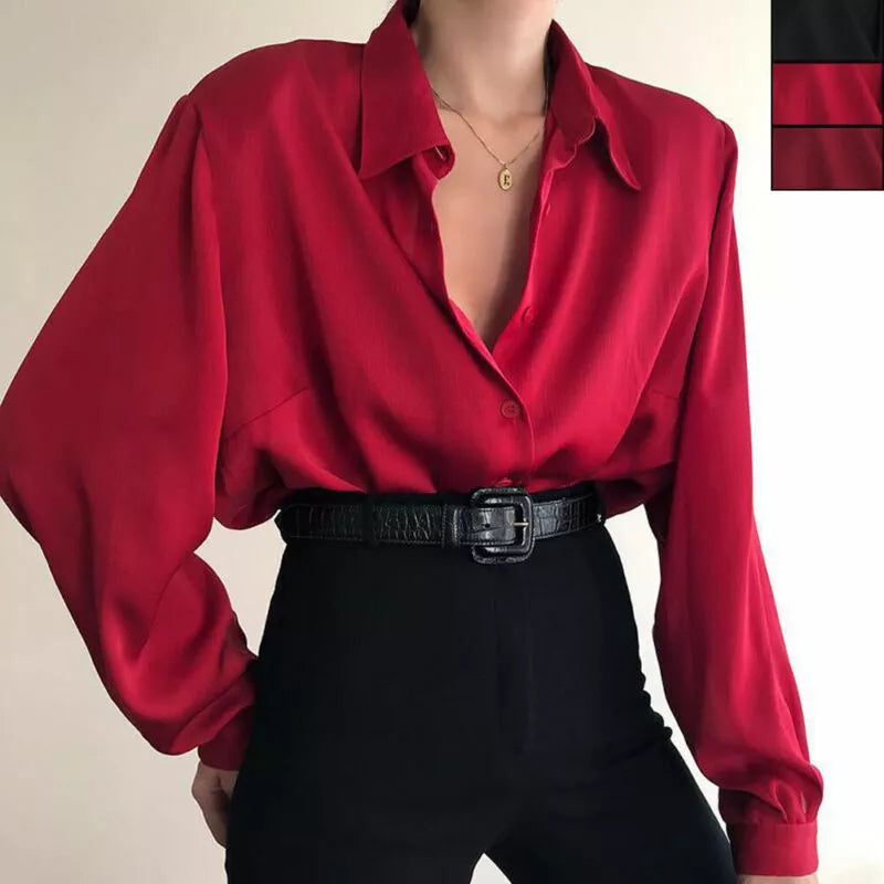 warmmeta Women Button Blouses Turn Down Collar Shirts Office Lady Long Sleeve Casual Blouse Loose OL Shirt Baggy Tops Red/Wine Red /Black