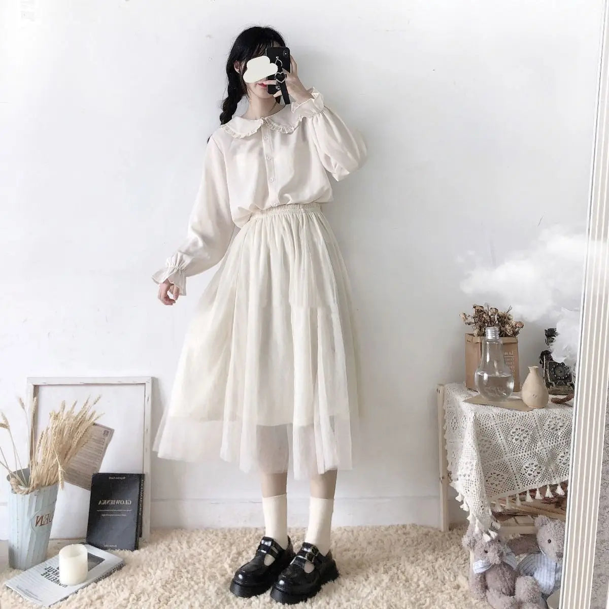 Japanese Cute Harajuku White Shirt Ruffle Tops Blouse Long Sleeve Sweet Lolita Basic Button Up Shirts 100% Cotton