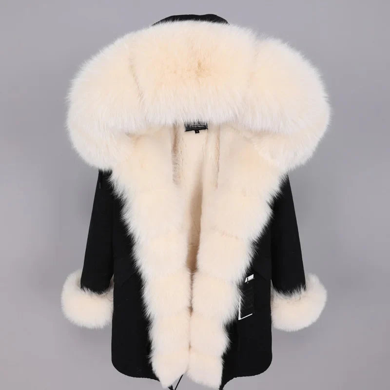 warmmeta Natural Real Fox Fur Jacket Hooded Black Waterproof Woman Winter Warm Coat Parkas Luxury Jacket Female Clothing