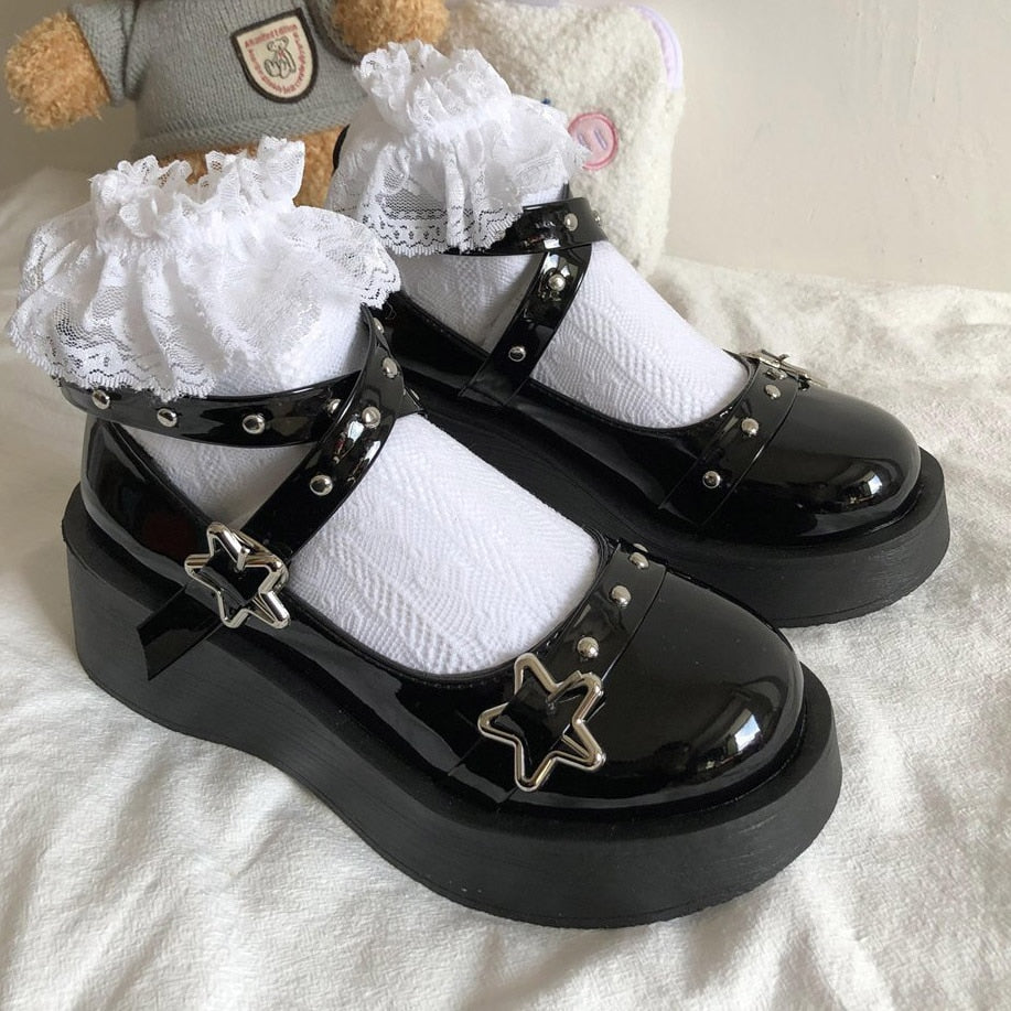 Women heels Lolita shoes platform mary jane Shoes Star Buckle Strap Mary Janes Women Cross-tied Girls Rivet Casual Shoes kawaii