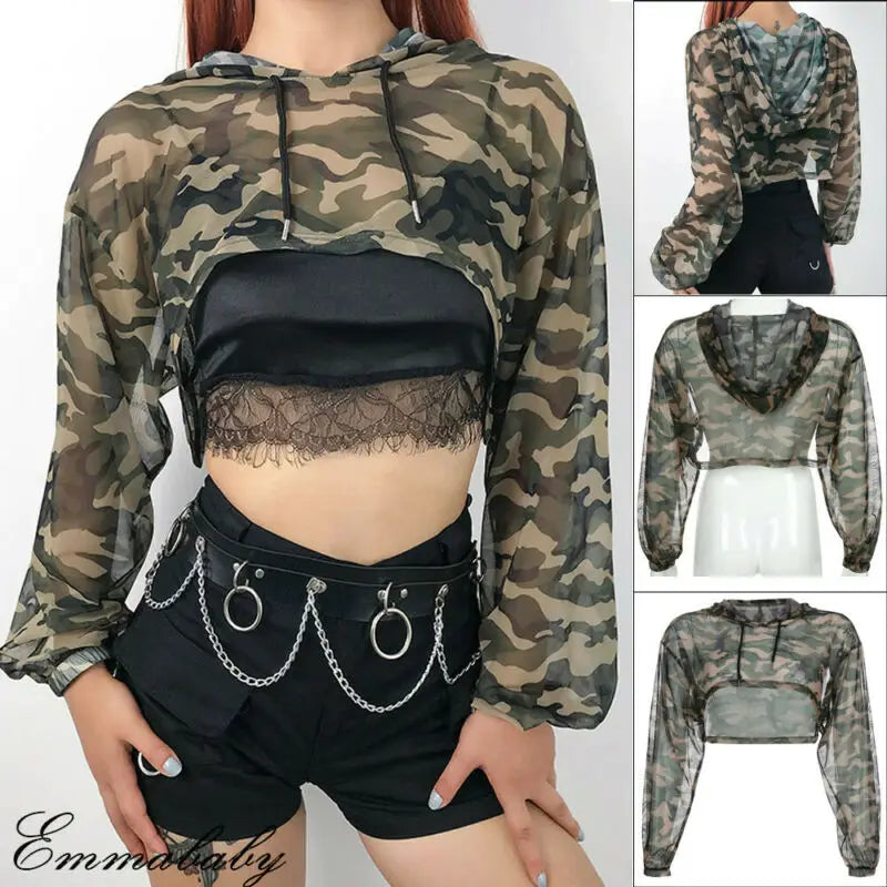 Long Sleeve Tshirt Mesh Top Hooded Hollow Out Sexy Punk Rock Short Crop Top White T-shirt Fishnet Black Women Clothing Tops Tees