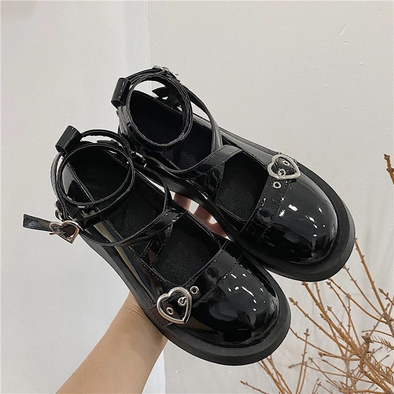 Women heels Lolita shoes platform mary jane Shoes Star Buckle Strap Mary Janes Women Cross-tied Girls Rivet Casual Shoes kawaii