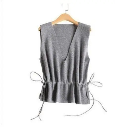 New Women Deep V Neck Waistcoat 30% Wool Drawstring Waist Short Knit Vest Fall Winter Korean Soft Handle Vest Coat