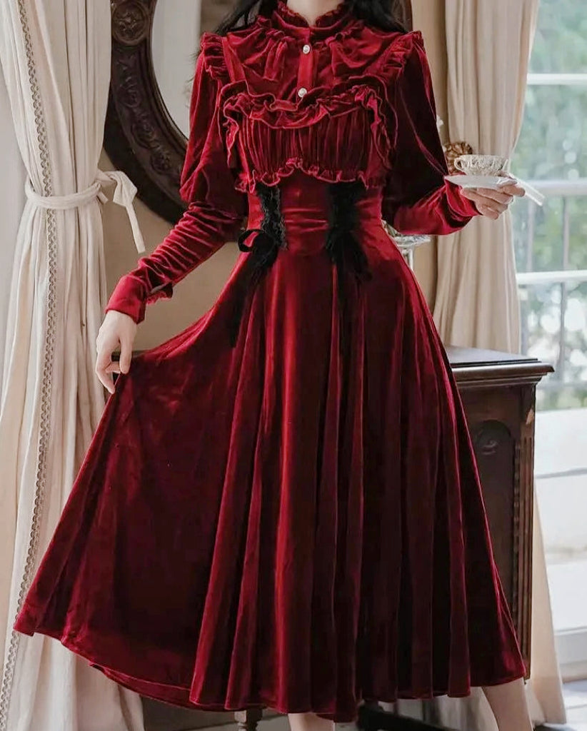 Ruby Victorian-Vintage-Academia Burgundy-Red Velvet Dress