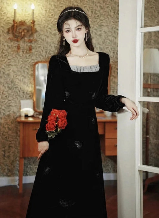 Nocturnal Flower Dark Aesthetic Velvet Dress