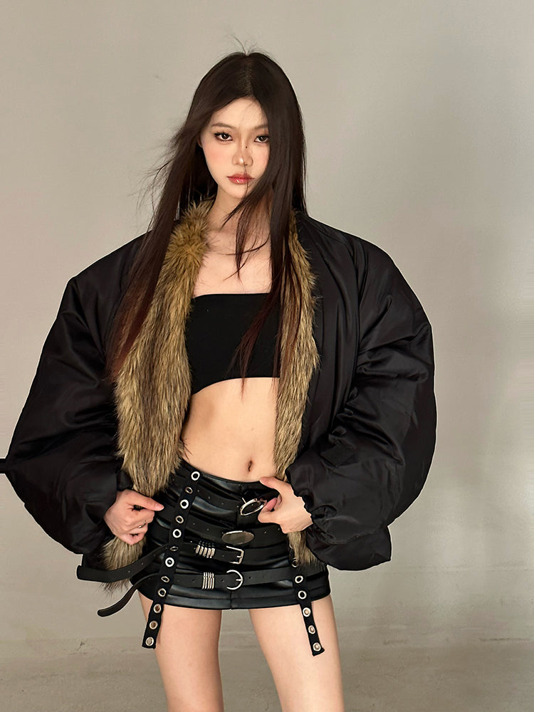 Katana Solid Color Black Puffer Jacket, Cute Winter Fall Spring Long Sleeve Jacket, Women's Brown Fur Underlined Jacket