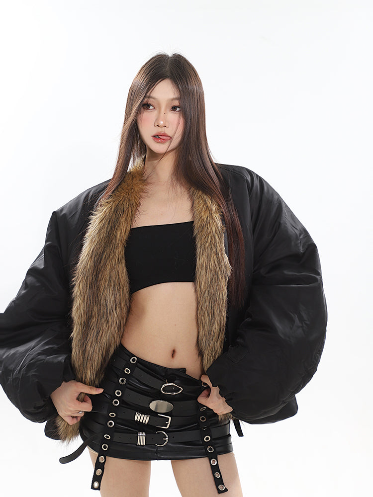 Katana Solid Color Black Puffer Jacket, Cute Winter Fall Spring Long Sleeve Jacket, Women's Brown Fur Underlined Jacket