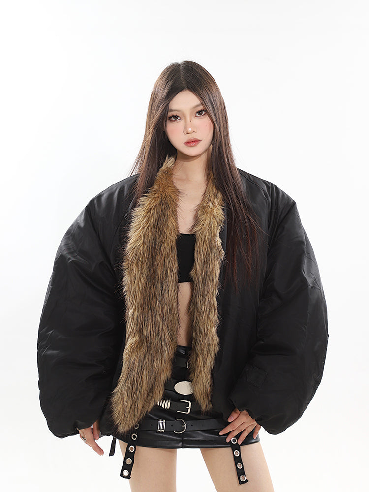 Katana Solid Color Black Puffer Jacket, Cute Winter Fall Spring Long Sleeve Jacket, Women's Brown Fur Underlined Jacket