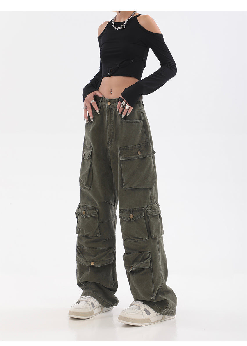 Streetwear Multi Pocket Lining Baggy Army Green Cargo Pants