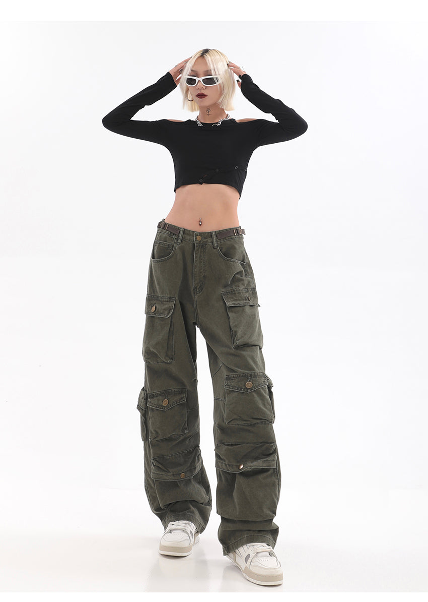 Streetwear Multi Pocket Lining Baggy Army Green Cargo Pants