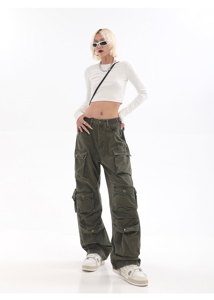 Streetwear Multi Pocket Lining Baggy Army Green Cargo Pants