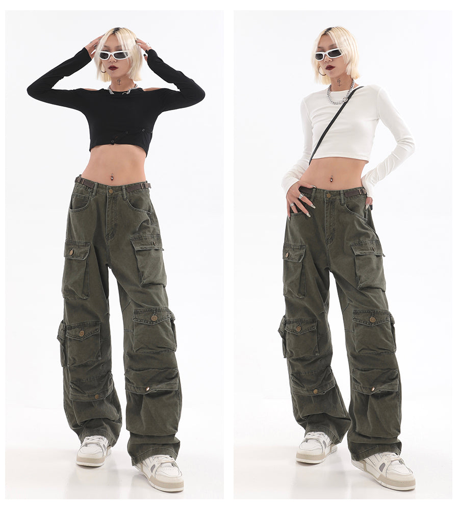 Streetwear Multi Pocket Lining Baggy Army Green Cargo Pants