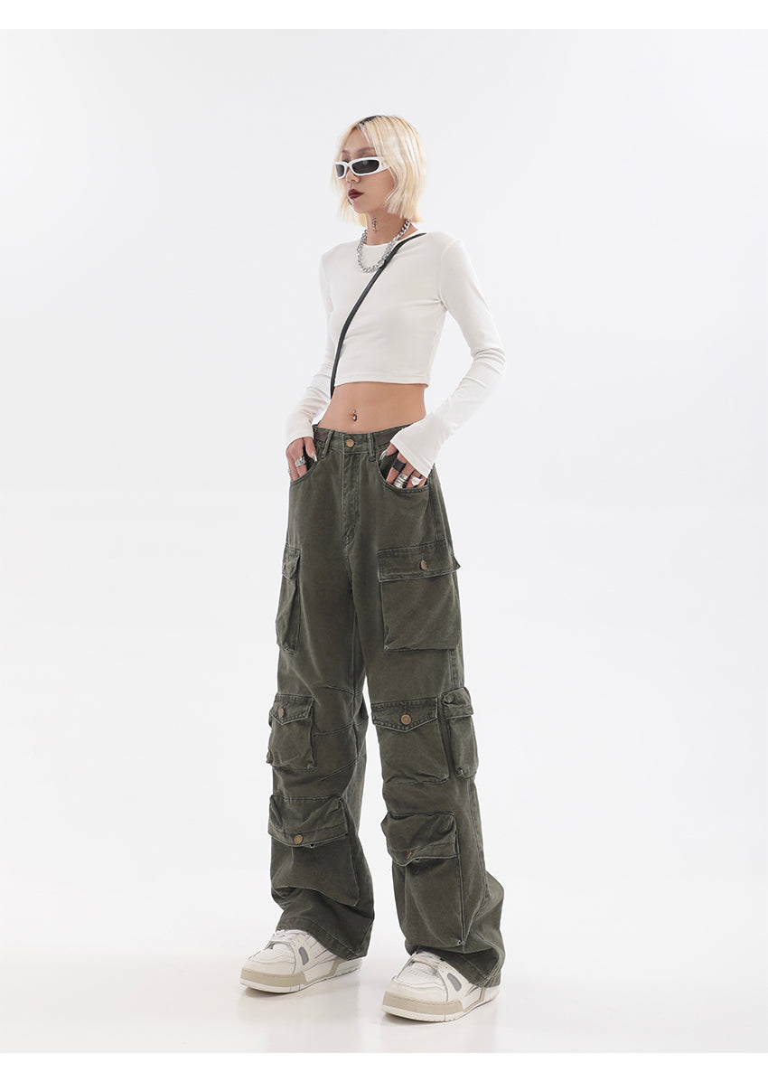 Streetwear Multi Pocket Lining Baggy Army Green Cargo Pants