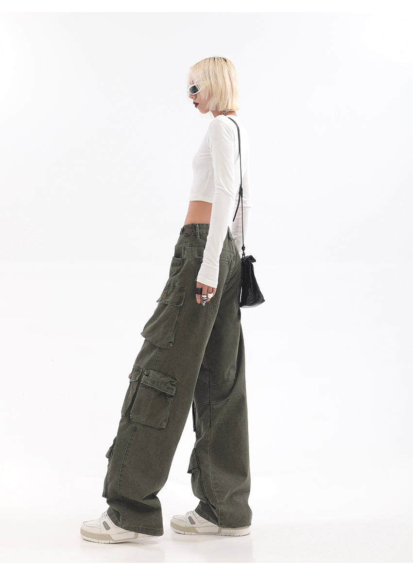 Streetwear Multi Pocket Lining Baggy Army Green Cargo Pants