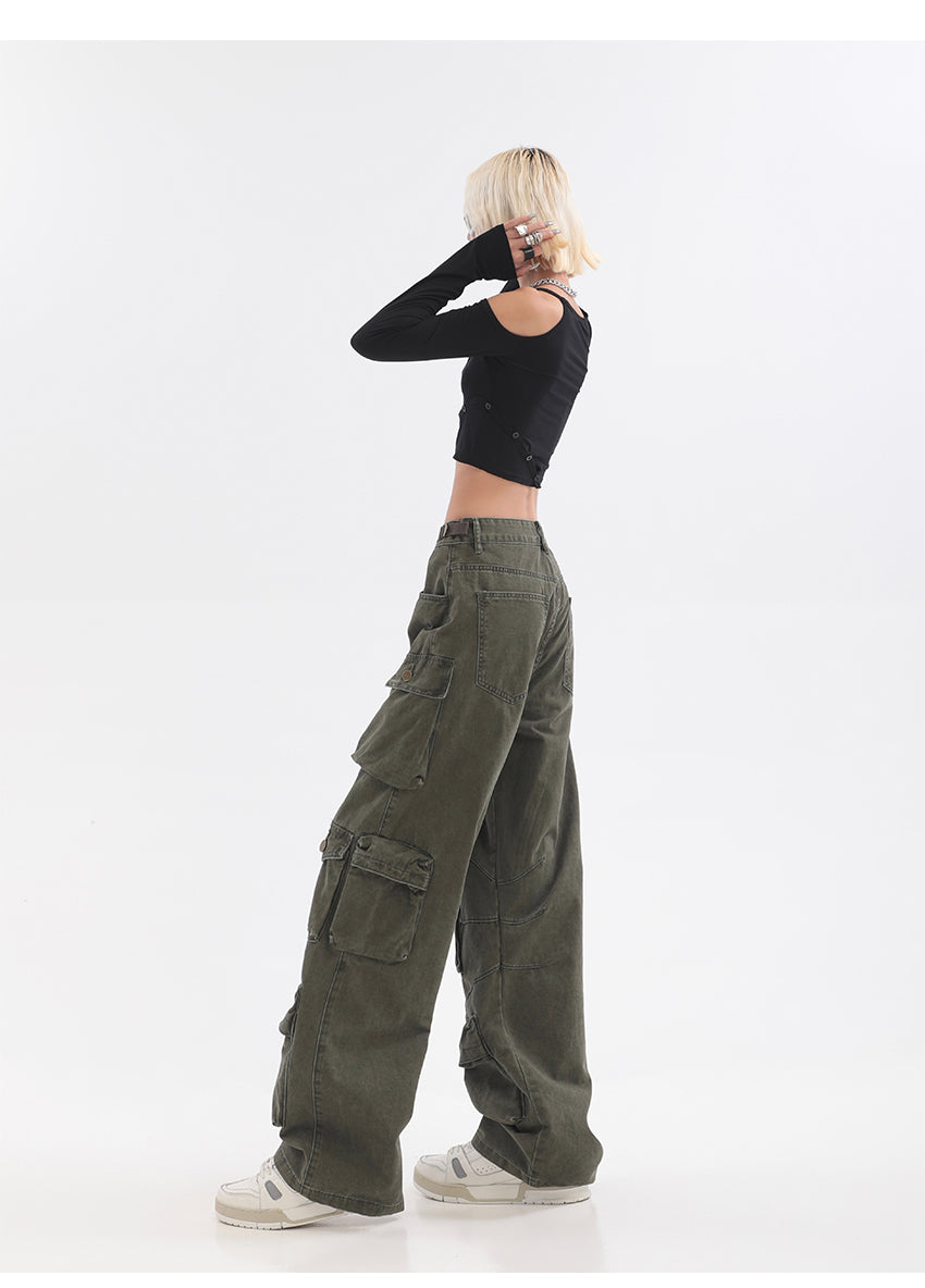 Streetwear Multi Pocket Lining Baggy Army Green Cargo Pants