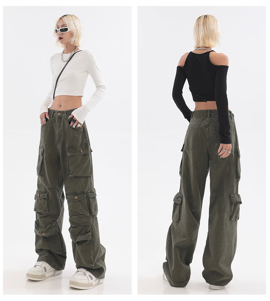 Streetwear Multi Pocket Lining Baggy Army Green Cargo Pants