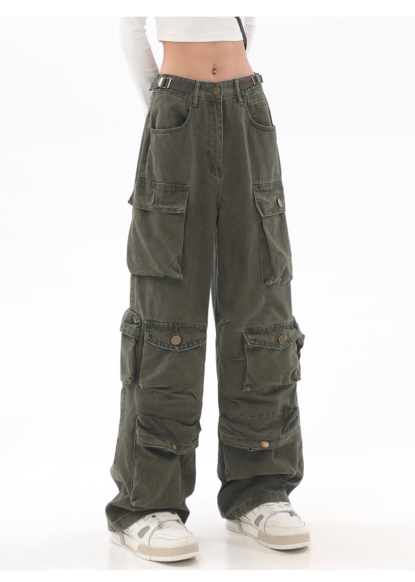 Streetwear Multi Pocket Lining Baggy Army Green Cargo Pants