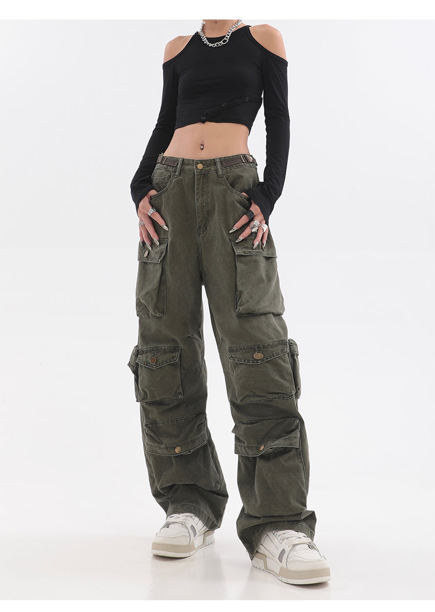 Streetwear Multi Pocket Lining Baggy Army Green Cargo Pants