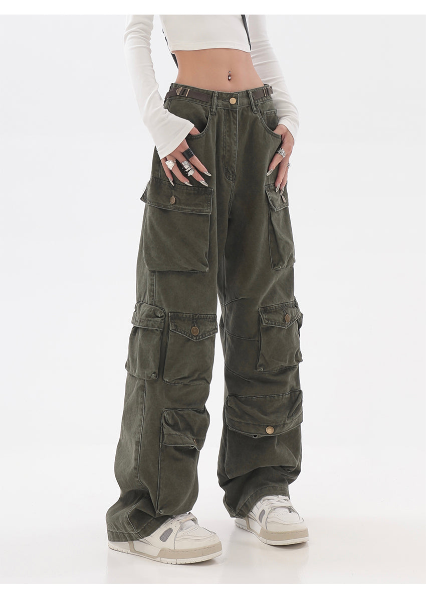 Streetwear Multi Pocket Lining Baggy Army Green Cargo Pants