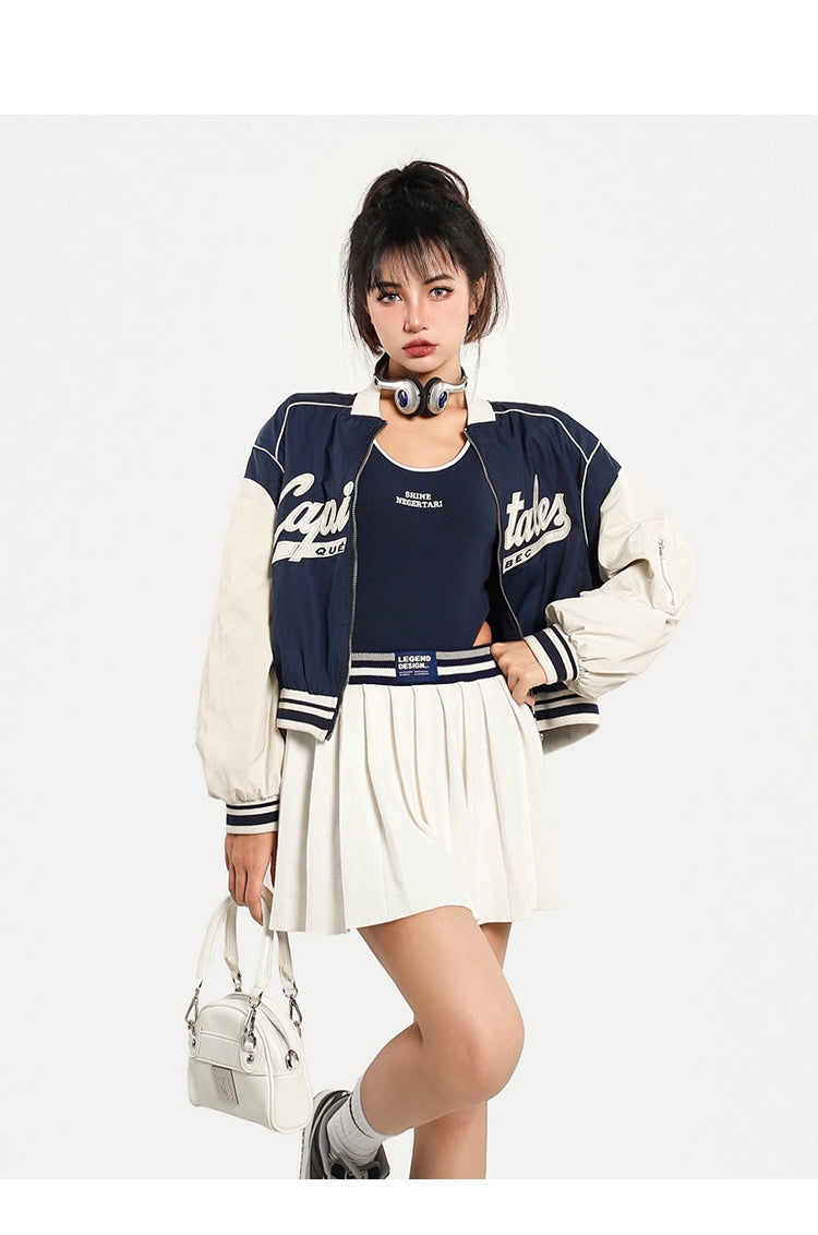 CAPITALES Embroidery Long Sleeve Cropped Varsity Jacket