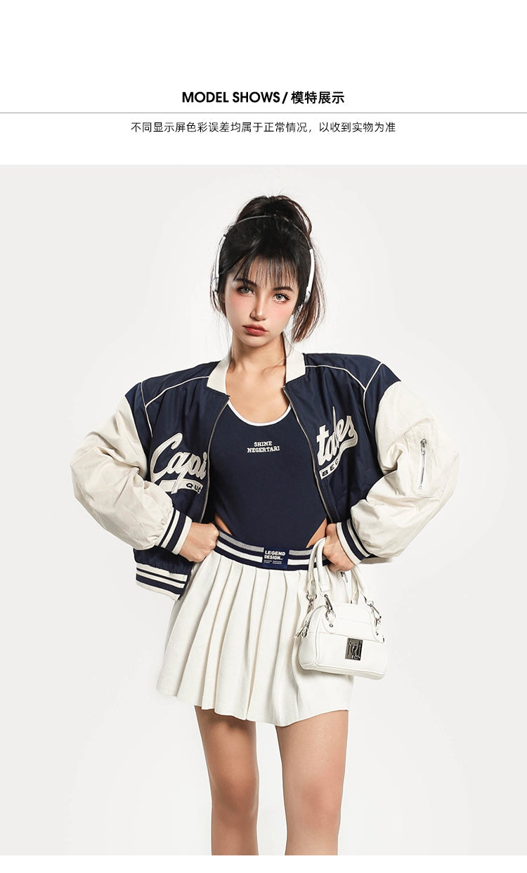 CAPITALES Embroidery Long Sleeve Cropped Varsity Jacket