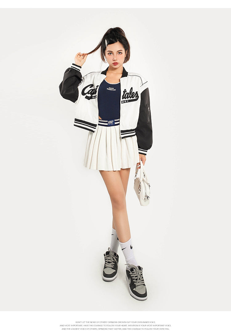 CAPITALES Embroidery Long Sleeve Cropped Varsity Jacket