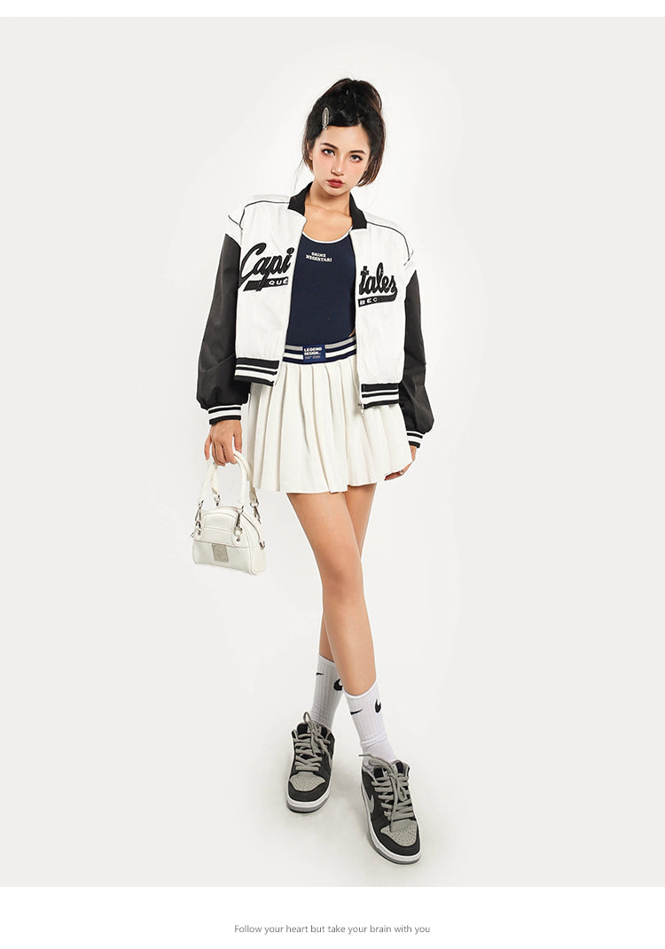 CAPITALES Embroidery Long Sleeve Cropped Varsity Jacket