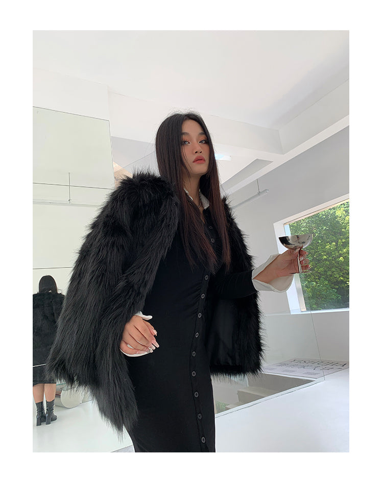 Rachelle Solid Color Black Faux Fur Long Sleeve Jacket