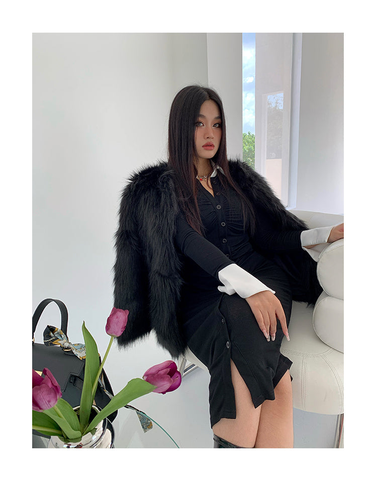 Rachelle Solid Color Black Faux Fur Long Sleeve Jacket