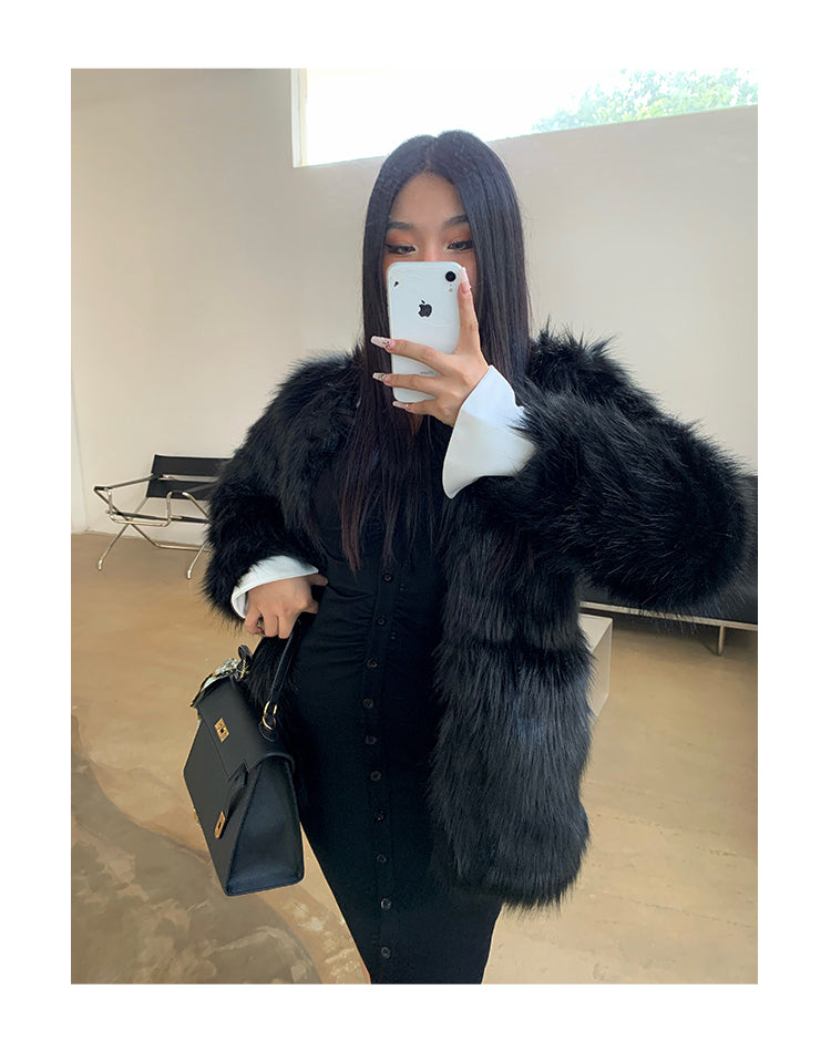 Rachelle Solid Color Black Faux Fur Long Sleeve Jacket