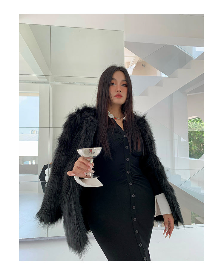 Rachelle Solid Color Black Faux Fur Long Sleeve Jacket