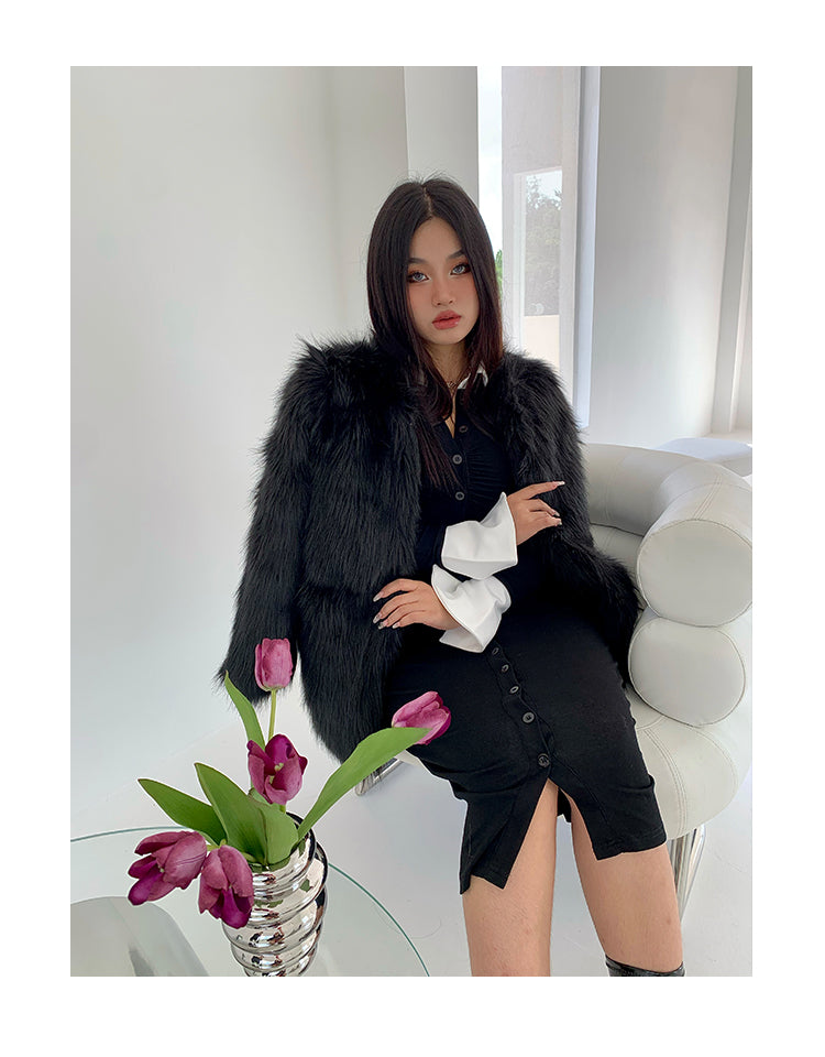 Rachelle Solid Color Black Faux Fur Long Sleeve Jacket