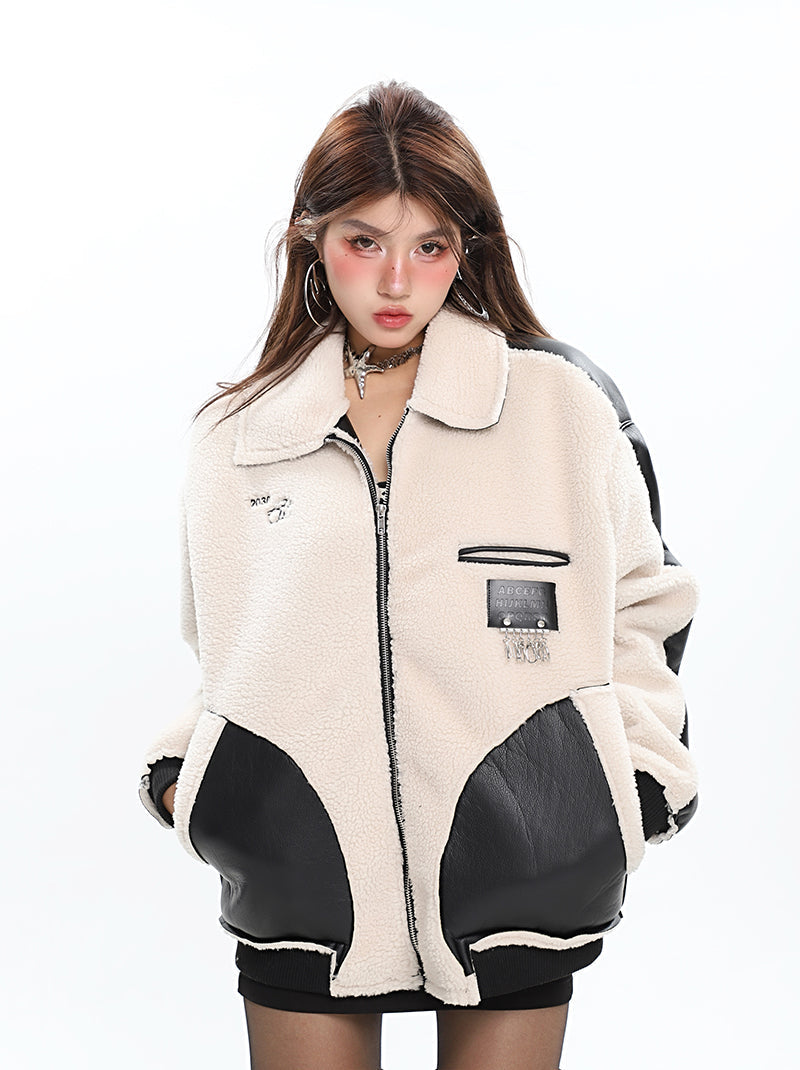 Janessa Cream Color Fleece Patchwork Pu Leather Jacket