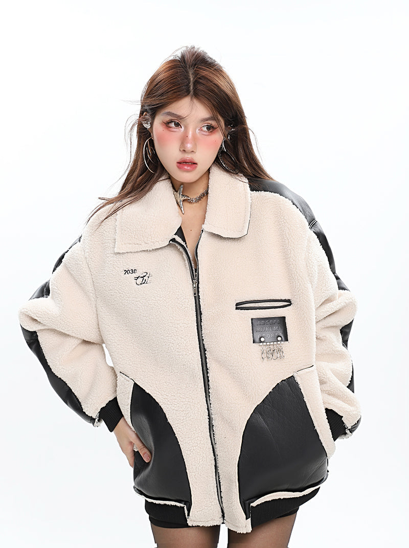 Janessa Cream Color Fleece Patchwork Pu Leather Jacket