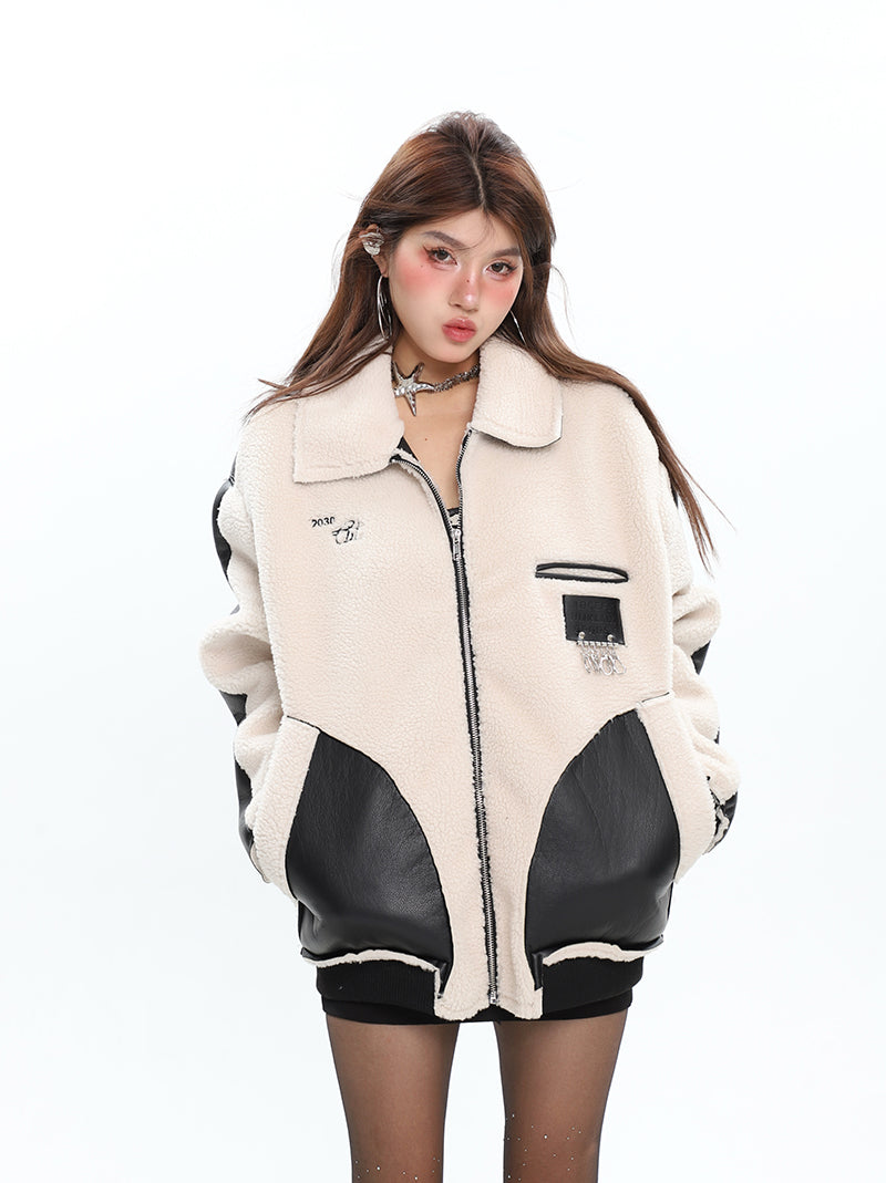 Janessa Cream Color Fleece Patchwork Pu Leather Jacket