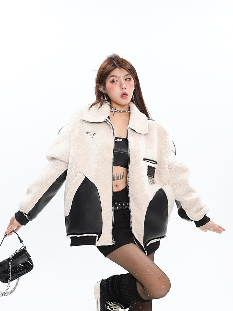 Janessa Cream Color Fleece Patchwork Pu Leather Jacket