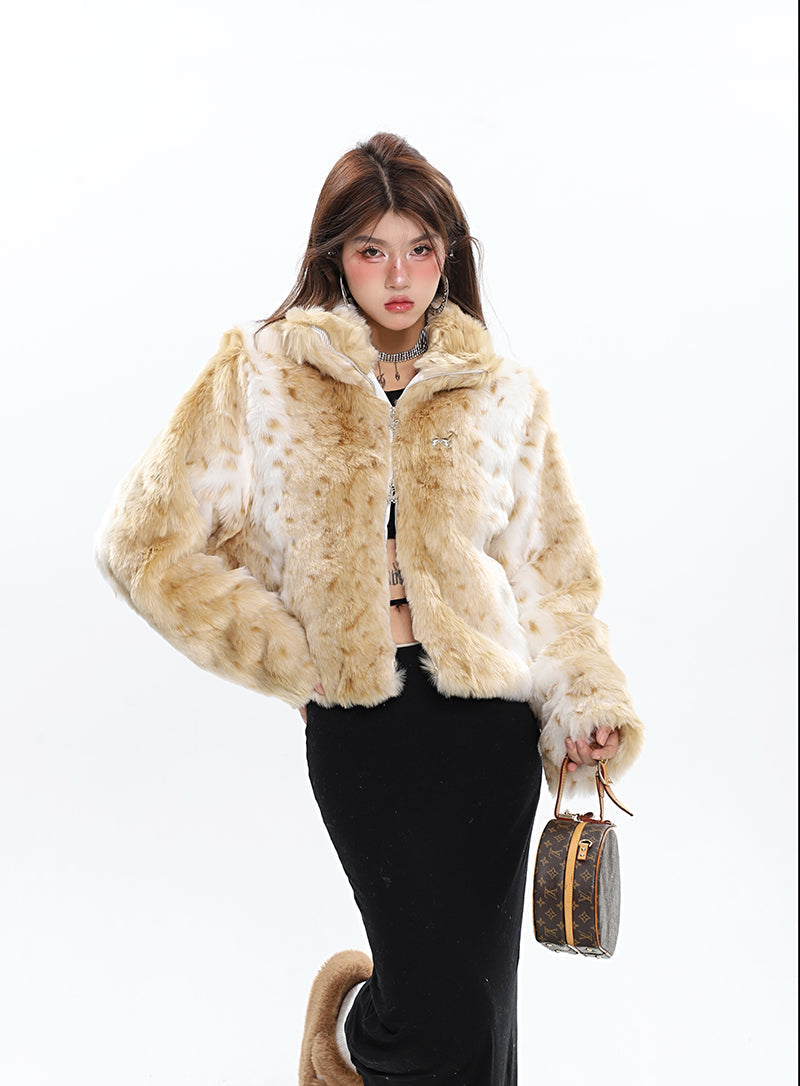 Shaylee Animal Print Faux Fur Long Sleeve Zip Up Jacket