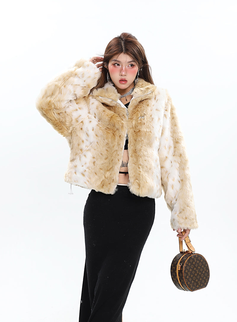 Shaylee Animal Print Faux Fur Long Sleeve Zip Up Jacket