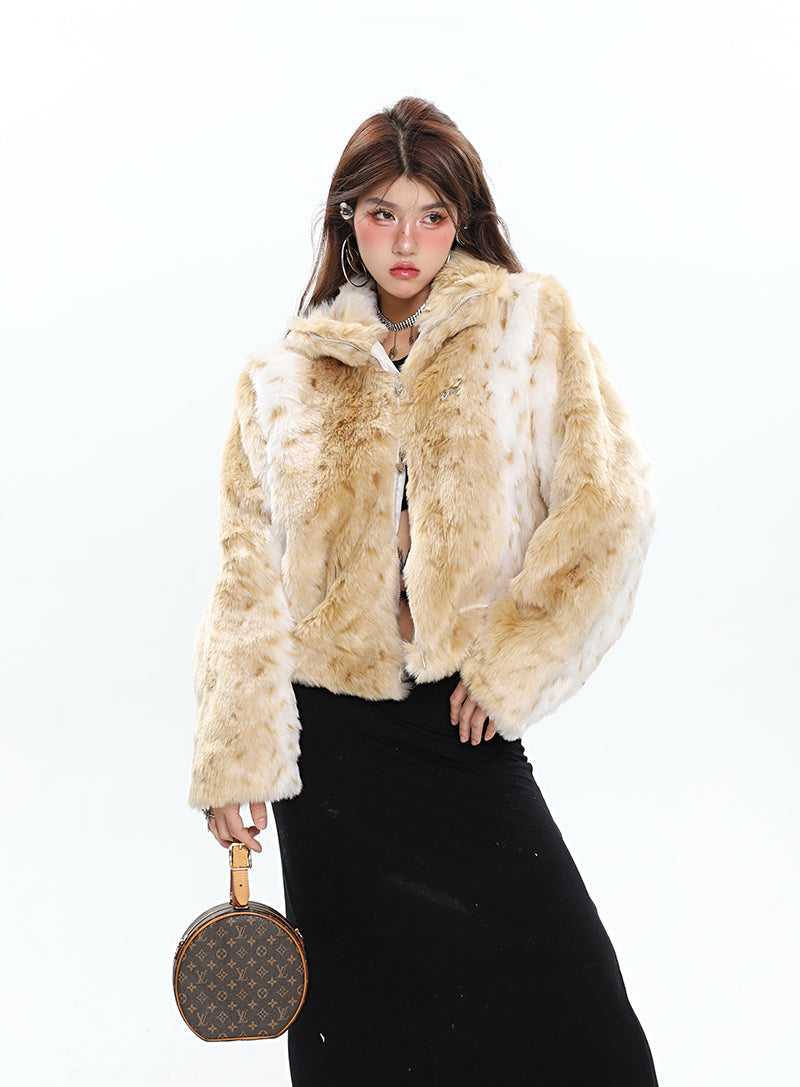 Shaylee Animal Print Faux Fur Long Sleeve Zip Up Jacket