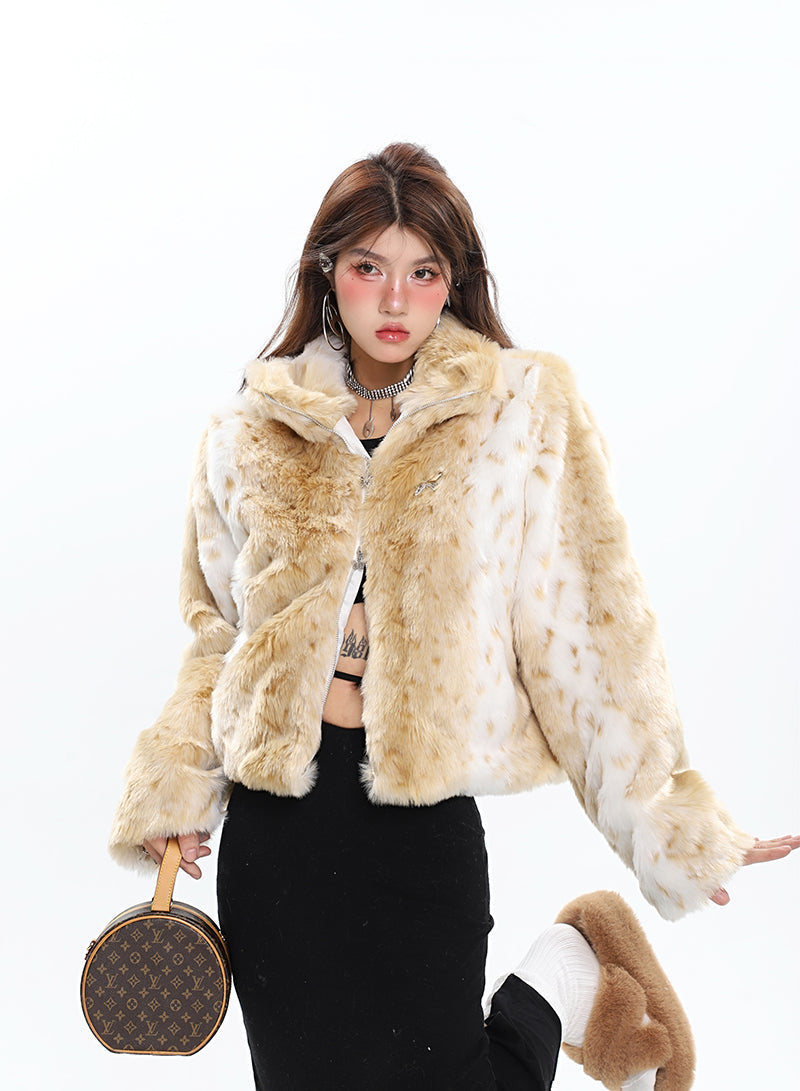 Shaylee Animal Print Faux Fur Long Sleeve Zip Up Jacket