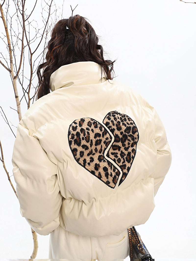 Jessi Solid Color Broken Heart Leppard Print Patchwork Bomber Jacket