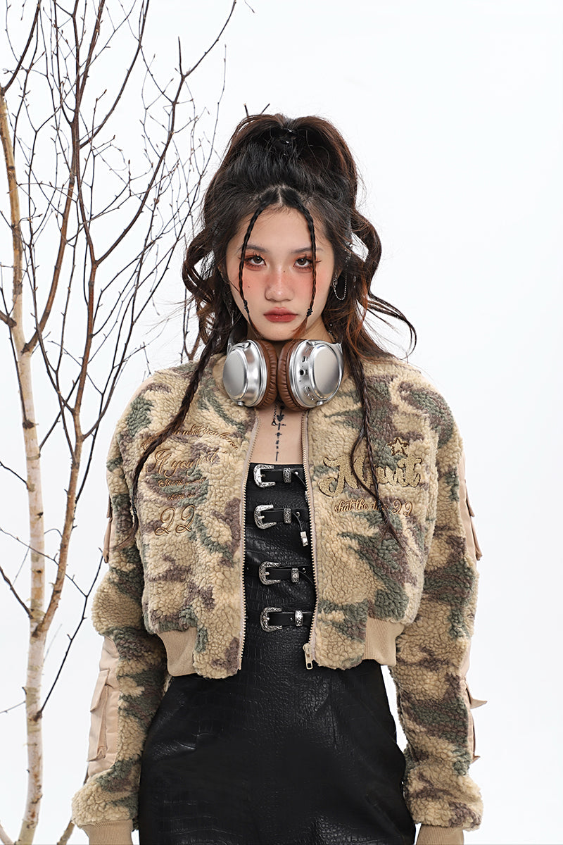 Celia Camouflage Fleece Long Sleeve Cropped Jacket