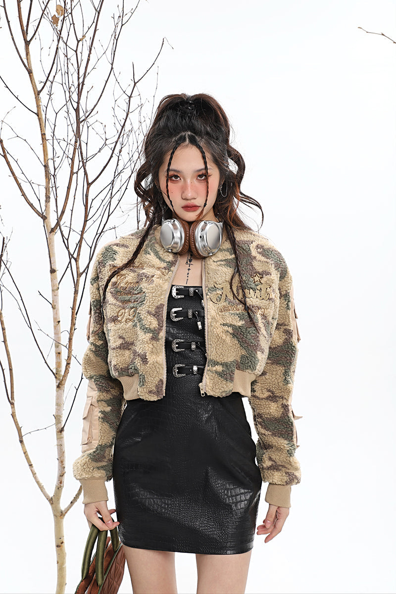 Celia Camouflage Fleece Long Sleeve Cropped Jacket