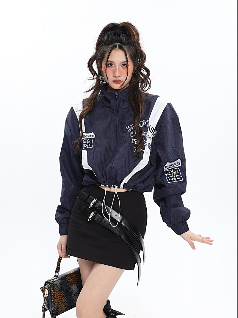 Sarai Marine Blue Patchwork Embroidery Long Sleeve Cropped Windbreaker Zip Up Jacket