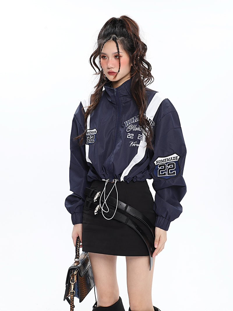 Sarai Marine Blue Patchwork Embroidery Long Sleeve Cropped Windbreaker Zip Up Jacket