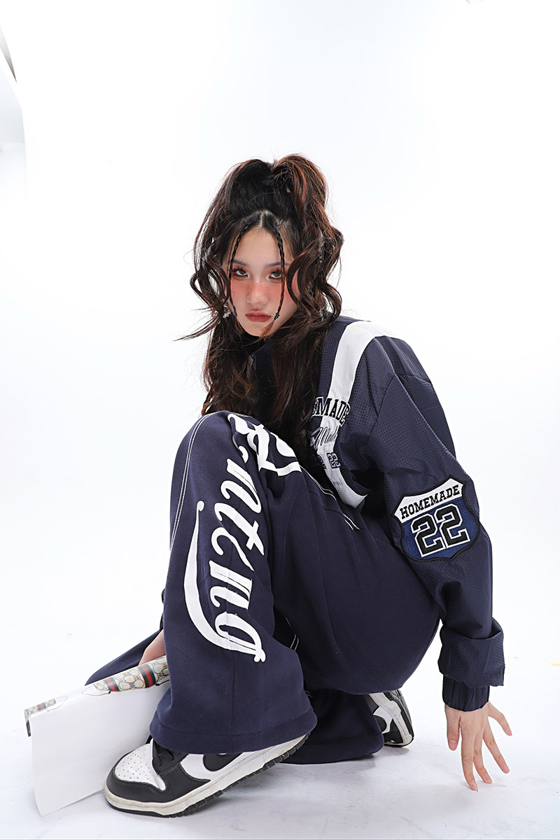 Sarai Marine Blue Patchwork Embroidery Long Sleeve Cropped Windbreaker Zip Up Jacket