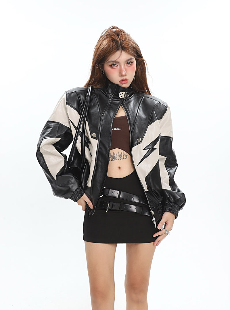 Lightning Bolt Pu Leather Patchwork Zip Up Jacket