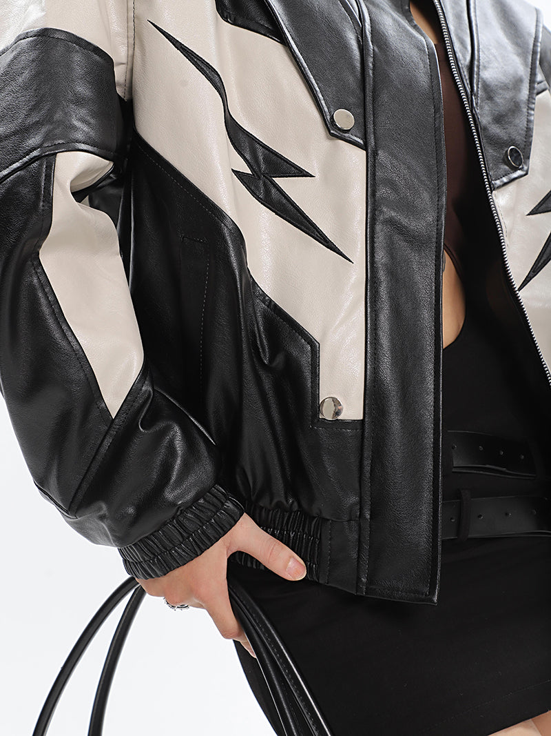 Lightning Bolt Pu Leather Patchwork Zip Up Jacket